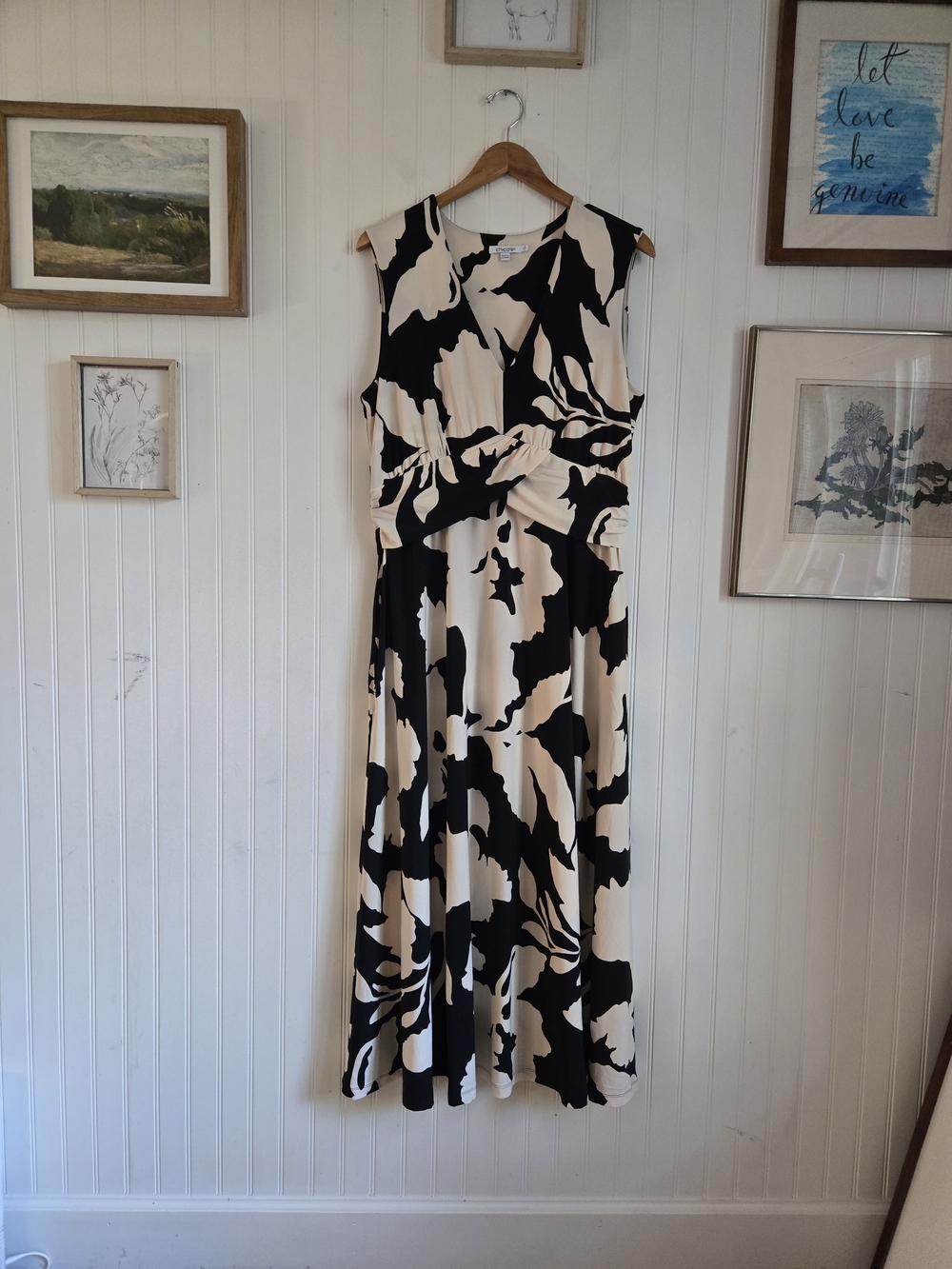 Chico's Floral Black and Cream Sleeveless Twist-Front Formal Maxi Dress